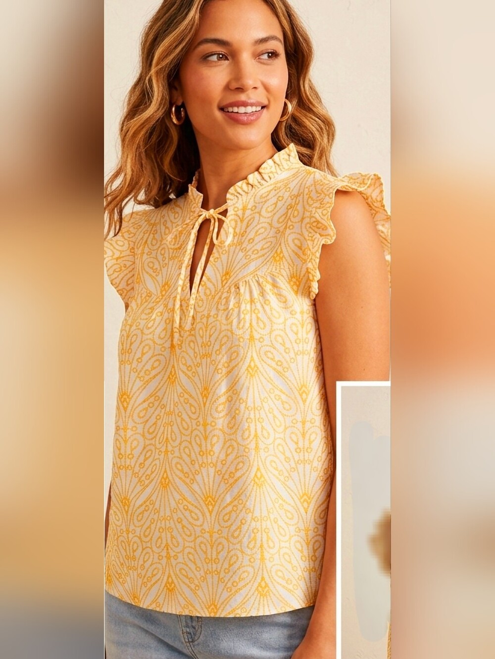 LOFT 100% Cotton Embroidered Ruffle Sleeve Tie-Front Blouse Large